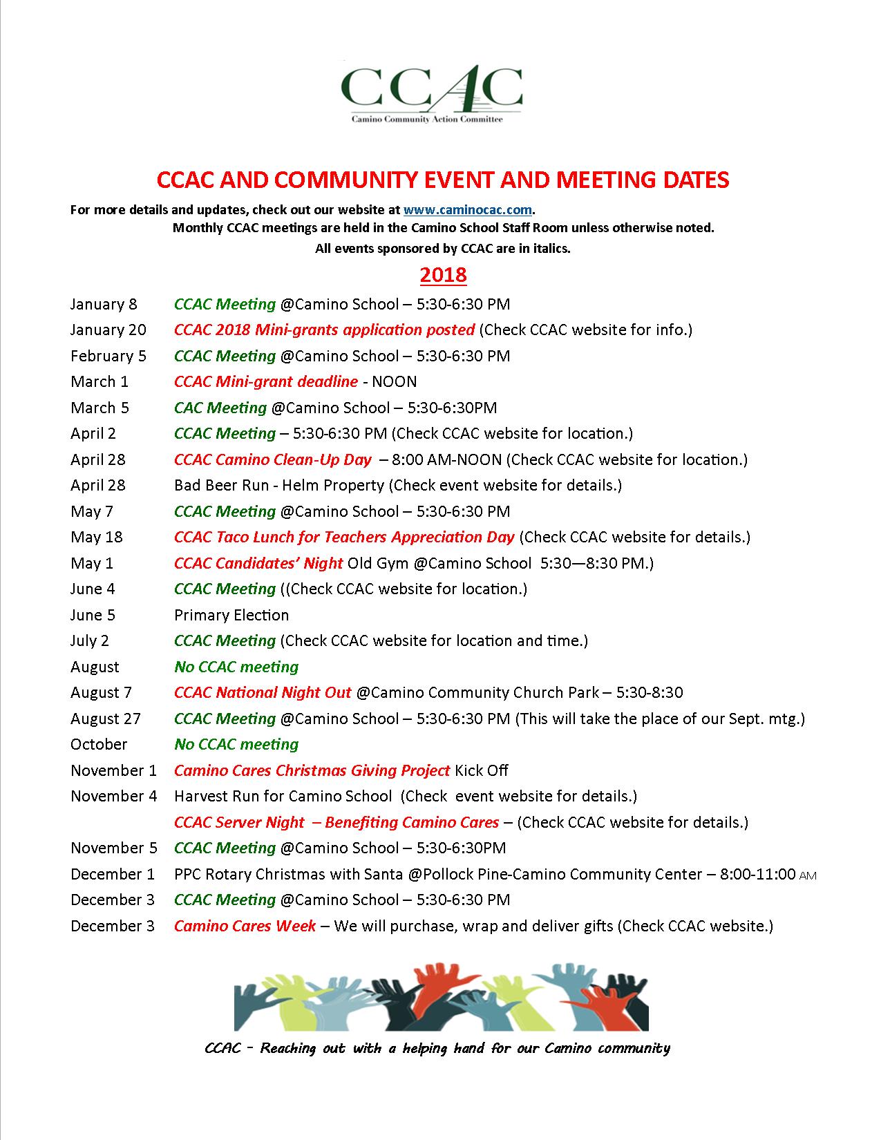 Updated 2018 CCAC Calendar large CCAC Working Together for Camino