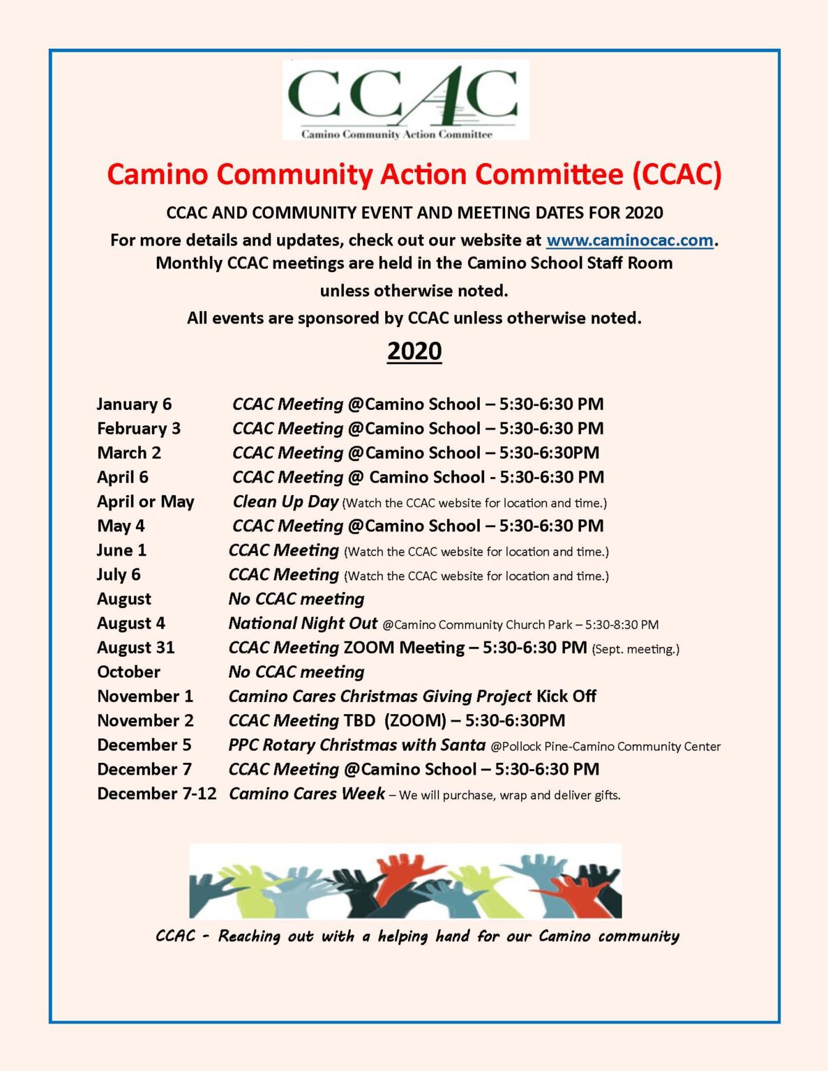 Calendar | CCAC – Working Together for Camino